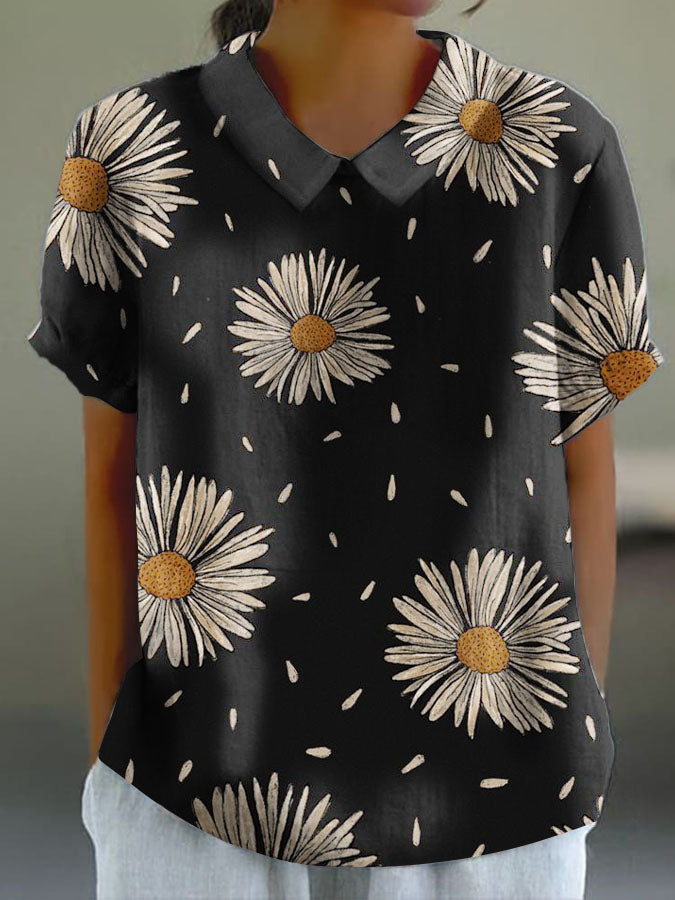 Women's Daisy Floral Print Casual Cotton And Linen Shirt